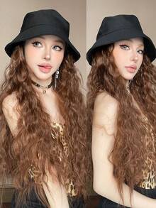 26 Inch Long Body Wave Brown Wig With Integrated Bucket Hat, Synthetic Fiber Wig For Women - Brown - View 10