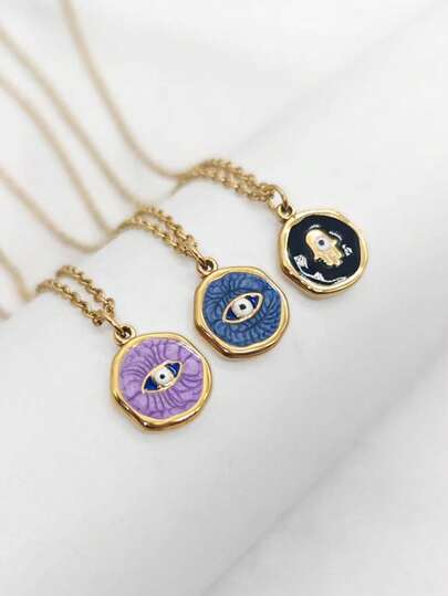 1件18K镀金不锈钢波西米亚风邪眼吊坠项链，朋克暗黑嘻哈极简主义颈链饰品