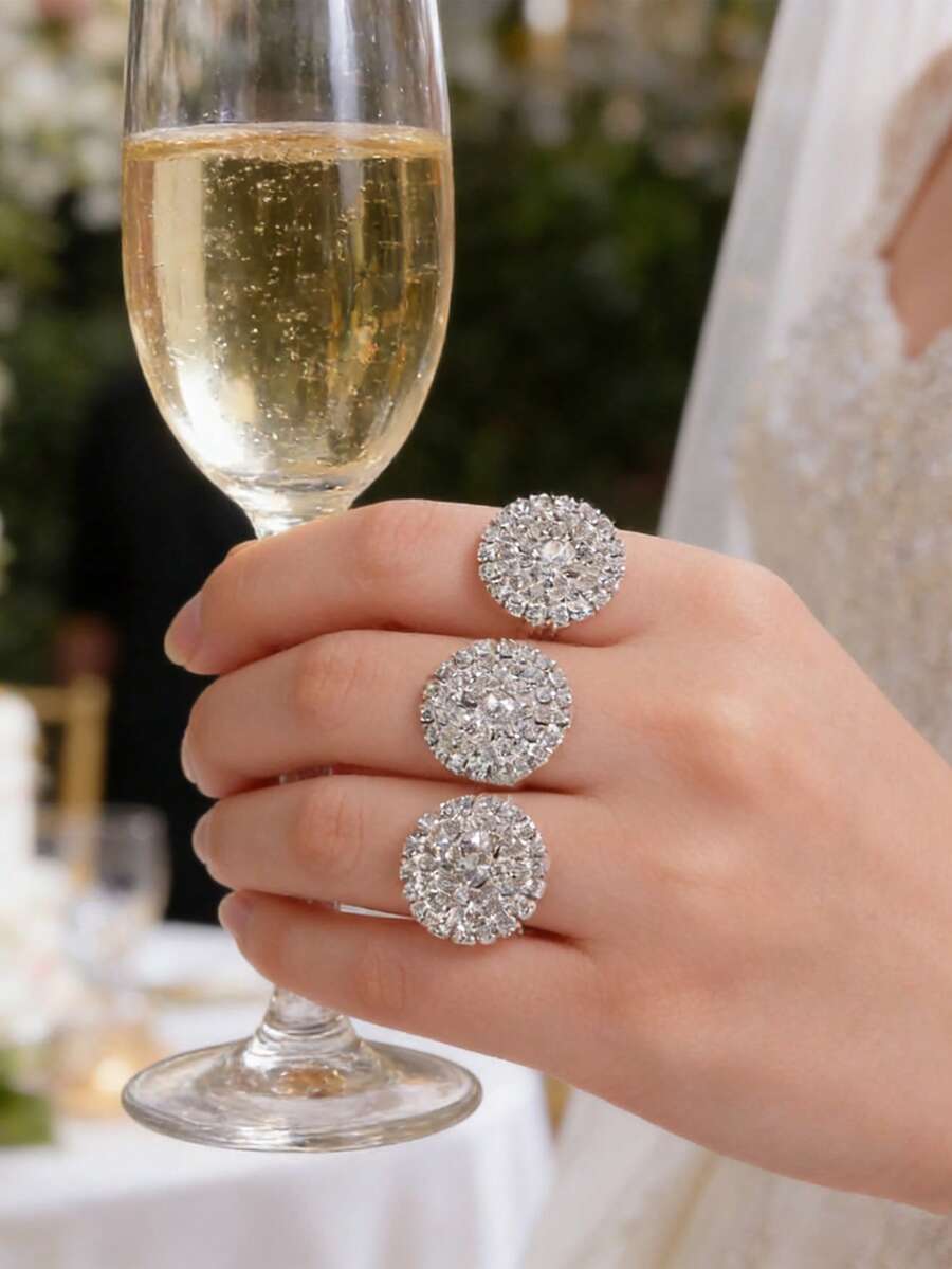 1pc Fashionable Geometric Round Two-Finger Ring, Fashionable And Personalized Rhinestone Ring, Bridal Wedding Ring, Banquet, Party Jewelry - Multicolor - View 1