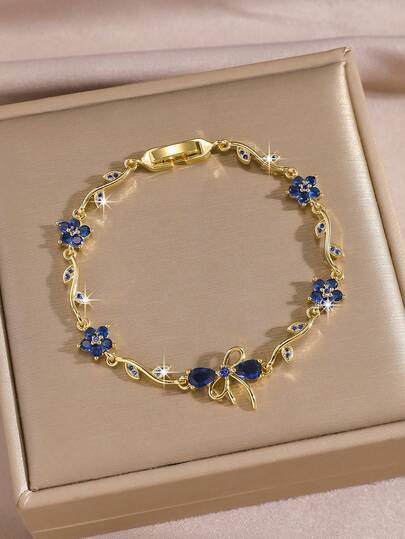  1pc 18K Gold Plated Copper Sakura Floral Butterfly Bracelet, Embedded With Mysterious Blue Rhinestones, Lucky Birthstone Bracelet, Perfect Gift For Her, Suitable For Spring Outing, Date, Daily Wear, Anniversary, Birthday, Elegant Mother's Gift, Christmas Carnival, Wedding, Rave Party/Ball/Gathering, Valentine's Day, Boho Jewelry, Bridesmaid Gift