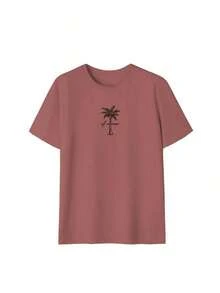 Women's Minimalist Coconut Tree Slogan Print Casual Round Neck Short Sleeve T-Shirt, Simple & Versatile, Suitable For Daily & Holiday Wear.Graphic Tee, Women, White, Black, Pink Summer VacationCasual Daily Wear, Pefert For Summer Vacation Outfits - Brick Red - 查看 6