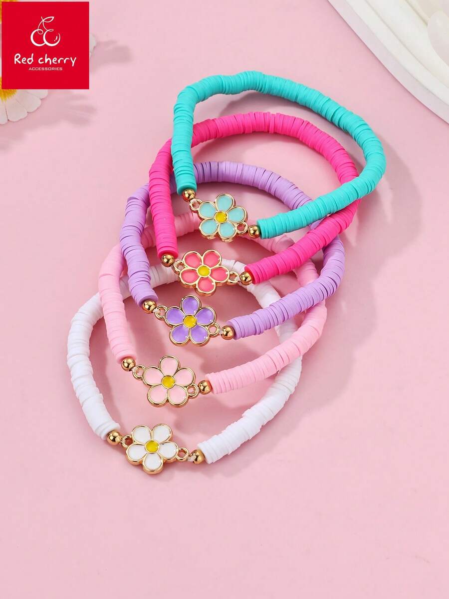 5件套儿童时尚多巴胺彩虹手工编织软粘土锌合金心形花朵图案手链套装,适合日常佩戴、节日、礼物 - 彩色 - 查看 1