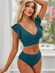 Solid Color Ruffle V-Neck Summer Bikini Set - Teal Blue - View 4