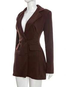 优雅深V领迷你连衣裙，女士长袖针织A字连衣裙，纽扣细节设计，棕色连衣裙，春季款 - 棕色 - 查看 10