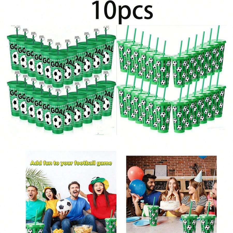 10pcs/1pc Creative Football Straw Cup, Reusable Large Capacity Plastic Football Cup (With Lid And Straw), Material: Coffee Cup, Suitable As A Gift, Applicable For Beverages, Soda, Beer, Iced Coffee, Hot Coffee, Cold And Hot Drinks, Etc. - View 1