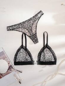 1 Conjunto de lencería de mujer con copa triangular inalámbrica, cierre frontal y estampado de leopardo en unicolor - Multicolor - Ver 3
