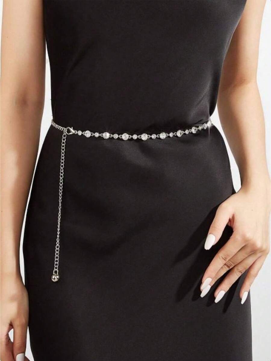 1pc Women's Rhinestone Chain Belt, Suitable For Dresses, Party And Daily Wear - Silver - View 1