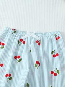 两件套条纹樱桃印花睡衣套装，甜美可爱的翻领纽扣长袖上衣和裤子，适合秋冬季居家穿着。 - 藍色 - 查看 6