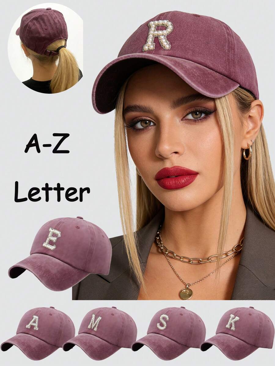 1Pc A-Z 26 Letter Outdoors Fashionable Washed Baseball Cap, Adjustable Outdoor Sun Protection Casual Hat,Summer,Beach - Burgundy - View 1
