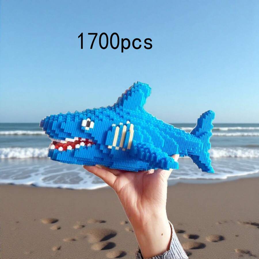 1700pcs New Shark Building Blocks Set, Large Blue Shark Puzzle Decor, Hands-On Assembly Toy Decor, Holiday Gift, Office Decor, Creative Building Block Animal Model Fish, Detailed Collectible 3D Stereoscopic Model, Suitable For Home Decor, Birthday/Christmas/Halloween/Holiday Gift - Blue - View 1