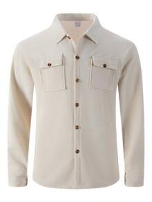 2 件男士休闲纯色衬衫，带双口袋和领子 + 裤子套装，轻便运动度假装，春秋季 - 卡其色 - 查看 2