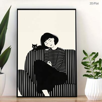 1pc Modern Minimalist Style Casual Cat And Female Canvas Art Print Posters, Modern Wall Arts Decoration Paintings, Minimalist Art Decoration, Suitable For Bedroom, Living Room, Office, Study, Bathroom, Kitchen, Corridor, Dormitory, Apartment Wall Decoration And Home Decoration, It Is An Ideal Gift For Friends
