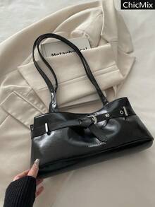 Bolso de hombro de mujer con diseño de hebilla elegante y versátil, decoración de letra de cuero patentado de unicolor, adecuado para compras, carteras, compras, mujeres jóvenes, estudiantes universitarios, recién llegados y trabajadores de cuello blanco. Son muy adecuados para oficinas, universidades, trabajo, negocios, viajes al trabajo, actividades al aire libre, viajes y salidas - Negro - Ver 2