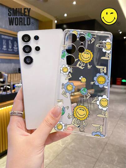 Smiley World SmileyWorld® | 1pc Shock-Absorbing Full Coverage TPU Material Transparent Phone Case, Blue Smiling Flower Sun Letter Bee Pattern, UV Printing, Compatible With Samsung, Nothing, Pixel, Series, Suitable For Holiday Gifts, Commuting, Anti-Drop Model,International Version, Not The Domestic Version