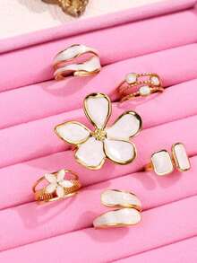 6pcs/Set Vintage Unique Delicate Luxurious Elegant Versatile Creative Asymmetrical Geometric White Enamel Flower Ring Set, Suitable For Daily Wear, Festivals, Parties, Gift For Mom, Wife - Multicolor - View 4