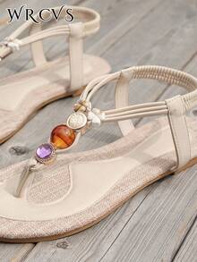 WRCVS 米色女士凉鞋，夏季平底凉鞋，复古鞋，手工串珠凉鞋，编织带平底鞋，轻便，适合沙滩，随机花卉图案户外凉鞋 - 米色 - 查看 7