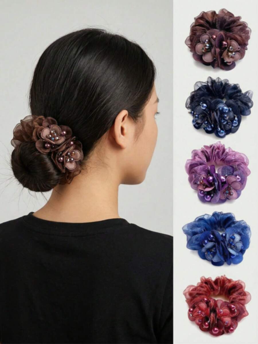 1pc Elegant Pearl Double Flower Hair Scrunchie For Women, High Stretch Oversized Floral Hair Tie Ponytail Holder, Chic Bun Maker Hair Accessories For Daily Hair Styling Travel Gatherings Leisure Commuting Photography, Spring Summer Clothing Matching Scrunchy,Holiday Hair Elastics Hair Rubber Bands Hair Rope Elastic Hair Tie - Multicolor - View 1
