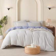 King Size Duvet Cover Blue Striped Washed Microfiber Jacquard 3 Pieces Bedding Set White Blue Vertical Ticking Stripes Pattern Comforter Cover With Zipper Closure Breathable Durable Soft Comfy - 藍色條紋無被子 - 查看 2