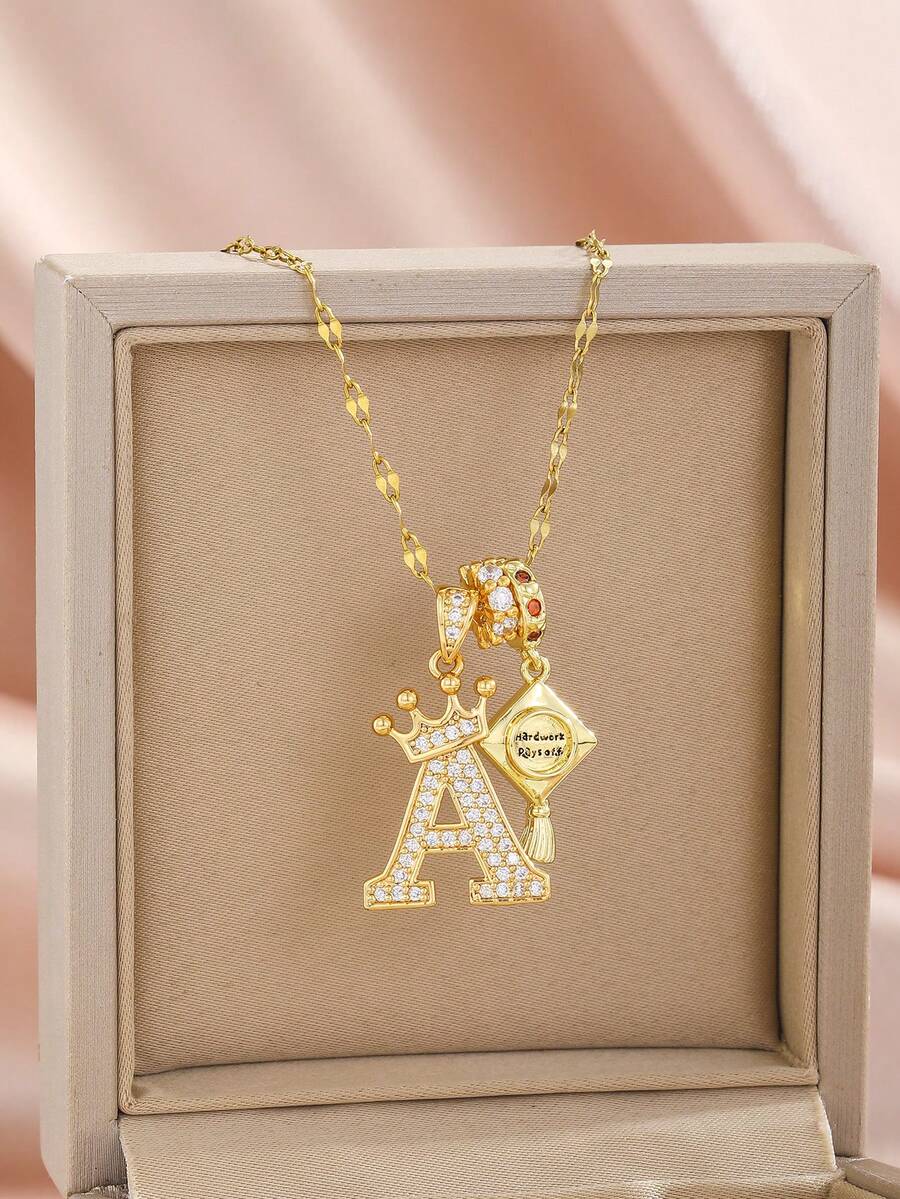 1pc Personality Stylish Graduation Cap Tassel & Crown Initial Letter Pendant Stainless Steel Chain Necklace For Classmates Friends Kids Boys Girls Son Daughter Sister Brother Graduation Season Gift As A Souvenir Collectible - Gold - View 1