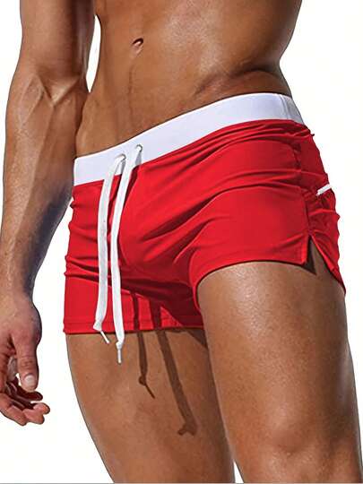 Plus Size Men's Sexy Swim Trunks With Zipper Pocket, Swimwear Beach Shorts Sports Red Summer