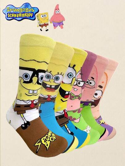 SpongeBob SquarePants 3/6双装 - 女士透气中筒袜，高弹力夏季趣味卡通印花，吸湿排汗防臭，趣味随机图案，适合家庭度假运动日常穿着