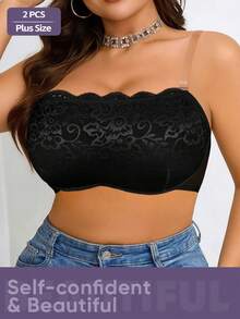 MEIYATING 2pcs Plus Size Women Lace Trim Underwire Bralette, Sexy Lightweight Supportive Comfortable Bra With Transparent Straps, Suitable For Daily Wear - Multicolor - View 4