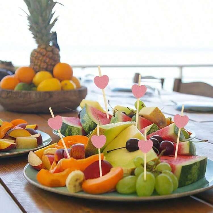 20/50/100pcs 4.72 Inch Pink Heart Shaped Bamboo Skewers With Pink Heart Decor - Suitable For Wedding, Birthday, Holiday, Drinks, Sushi, Snacks, Fruit Platters, Desserts, Cakes And Fun Party Decorations - A Pink - View 2