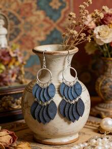 复古牛仔渐变蓝色流苏叶子耳环，波西米亚风长耳环 - 彩色 - 查看 5