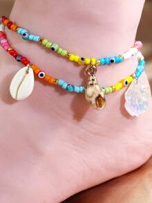1条波西米亚风心形仿珍珠脚链，女士时尚贝壳串珠脚链，沙滩度假脚链 - 彩色 - 查看 5