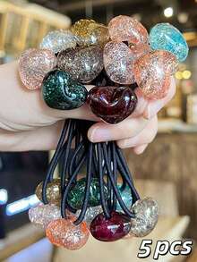 5pcs Multicolor Shiny Heart-Shaped Resin Hair Scrunchies, Versatile For Spring & Summer - Multicolor - View 2