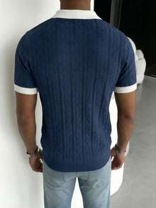 GRDR Men's Lightweight Seagull Collar Solid Color Short Sleeve Knit Sweater, Suitable For Summer Outings, Essential For Fashionable Styling - Navy Blue - View 3
