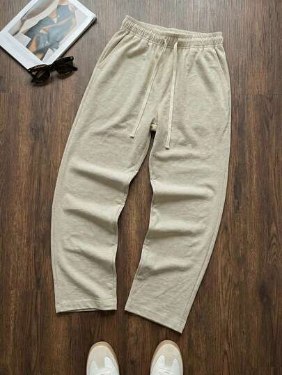 男士纯色抽绳腰亚麻裤，米色，轻盈简约，适合外出和度假，春夏款