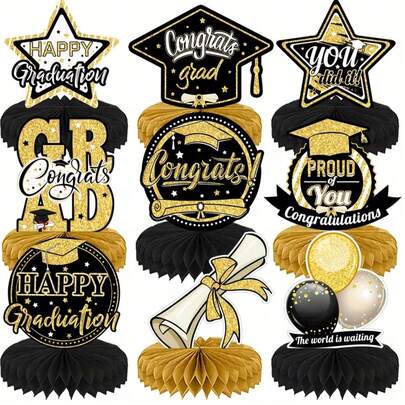 3/9件套蜂窝状派对餐桌中心装饰摆件，2026毕业季派对装饰，毕业季蜂窝球装饰，适用于毕业典礼中心装饰，主题派对节日蜂窝球（纸质）