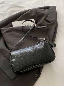 Crocodile Embossed Korean Style Women's Handbag, New Fashion Shoulder Bag, Minimalist Crescent Shaped Tote Bag For Women, Commuting , Green - 黑色 - 查看 9