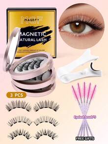 3 Pairs Magnetic False Eyelashes, Natural Style, Reusable, Comes With Eyelash Curler And 5 Eyelash Brushes, No Glue Needed, Assorted Styles, Easy To Wear And Remove, Natural Makeup Effect, Suitable For Daily, Party, Stage, Banquet Makeup, Also Suitable As Women's Day/Valentine's Day/Music Festival/Christmas/Christmas Eve/Thanksgiving Gift - 黑色 - 查看 9