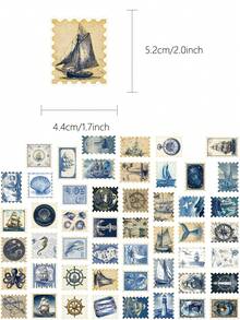 50 pièces Autocollants de timbre postal nautique bleu rétro pour cahier, ordinateur portable, album de découpage, journal, planche à roulettes, guitare, bouteille d'eau, carte postale, fournitures scolaires de décoration DIY - 1 Set - Voir 8