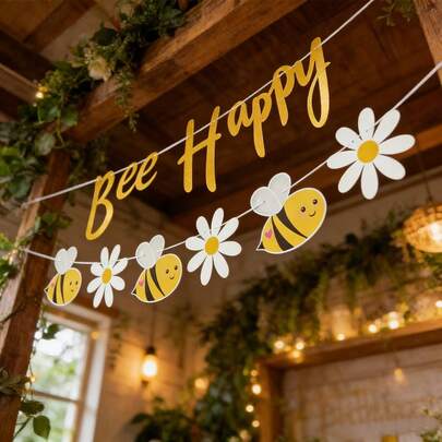 蜜蜂仙子生日快乐横幅，生日派对装饰三角旗