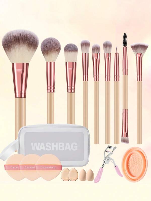 19-Piece Professional Makeup Brush Set With Beauty Sponge, Powder Puff, And Eyelash Curler – Includes 9 Brushes (For Setting Powder, Blush, Highlighter, And Eyeshadow) + 5 Portable Powder Puffs (Peach-Shaped And Thumb-Shaped) + 2 Ultra-Soft, Non-Absorbent Beauty Sponges + Brush Cleaning Bowl, Plus A Portable Letter-Printed Carry Bag And Eyelash Curler – Complete Makeup Tool Set