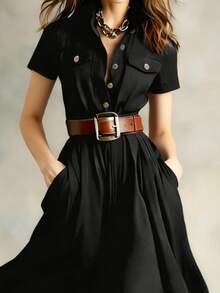 Đầm dài kiểu retro dành cho nữ, màu trơn, cổ ve áo, tay ngắn, dáng maxi xòe, cài cúc ở eo, đầm dài thanh lịch phù hợp cho công sở và dự tiệc (không kèm thắt lưng) màu đen mùa hè - màu đen - Xem 2