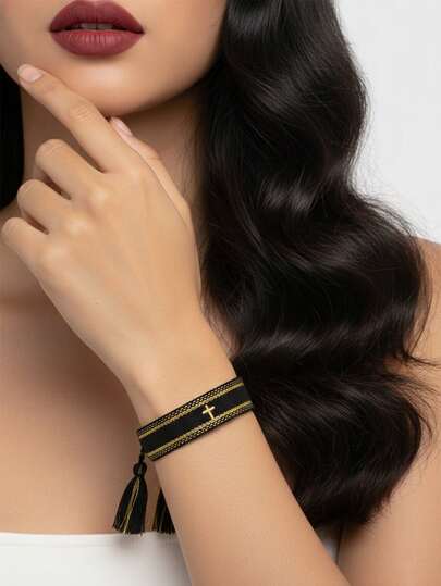 1pc Embroidered Cross Creative Braided Tassel Bracelet