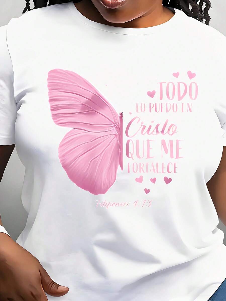 Pink Butterfly With Spanish Bible Verse Todo Lo Puedo En Cristo Que Me Fortalece Philippians 413 Women's T-Shirt Casual Short Sleeve T-Shirt Everyday Outdoors Tee Suitable For Any Occasion Perfect For Birthday Gift All Season Wear - 白色 - 查看 1