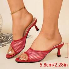 Women's High Heel Sandals, Fashionable Mesh Round Toe Slip-On High Heel Sandals - Red - View 8