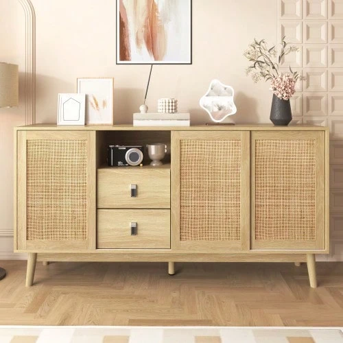 Made From Genuine Rattan With 3 Sliding Doors And 2 Drawers, This Dining Room Cabinet Measures 155x38x80 Cm And Is Breathable, Sturdy And Versatile. - Apricot - View 1