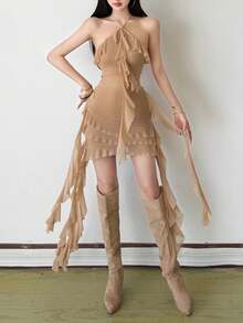 YeonC Tie-Up Halter Backless Fitted Bodycon Mini Dress With Mesh Sheer Ruffle Trim Tassel Patchwork - Khaki - View 7