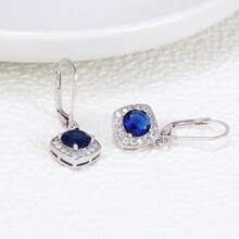 纯银经典杠杆式耳环 女士圈形耳环 低过敏性蓝色立方氧化锆耳环 时尚精致耳环 生日礼物 - 銀色 - 查看 3