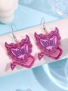 一对时尚创意趣味独特精致可爱卡通爱心锁链恶魔标语亚克力吊坠耳环，适合女性日常穿搭、节日和派对场合。 - 彩色 - 查看 2