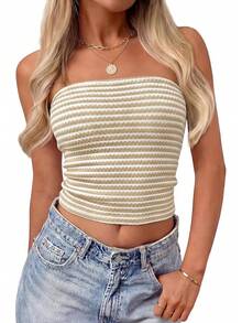 Women's Spring Striped Strapless Crop Tube Tops 2026 Summer Knit Bandeau Going Out Shirts Y2K Beach Vacation Outfits - Màu xanh nhạt - Xem 8