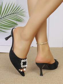 欧美新款加大码女式法式水晶搭扣凉鞋，中粗跟，绒面革圆头，舒适防滑，适合派对、海滩、休闲穿着 - 黑色 - 查看 5