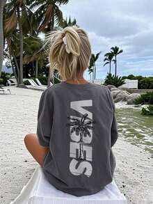 Women's Minimalist Coconut Tree Slogan Print Casual Round Neck Short Sleeve T-Shirt, Simple & Versatile, Suitable For Daily & Holiday Wear.Graphic Tee, Women, White, Black, Pink Summer VacationCasual Daily Wear, Pefert For Summer Vacation Outfits - 杏色 - 查看 10