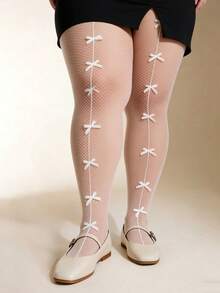 1 Pair Plus Size White Fishnet Stockings With Bow Decor, Sexy Ribbon Detail, Comfortable For Daily Wear - W-a1101 White With Multiple Bows - View 5